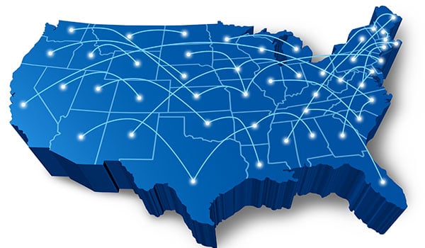 3D map of the United States with arching lines bouncing from state to state