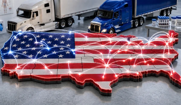 3D map of the United States with arching lines bouncing from state to state